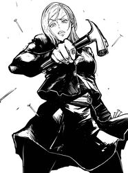  breasts claw_hammer female furrowed_brow gakuran greyscale hammer highres holding holding_hammer jujutsu_kaisen jujutsu_tech_uniform kugisaki_nobara large_breasts lips looking_at_viewer monochrome nail pantyhose school_uniform short_hair skirt solo sunagawa_tara swept_bangs thighs weapon 