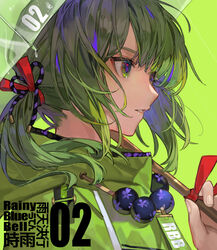  bad_id bad_pixiv_id beads chyoel commentary copyright_name drawstring dripping eyelashes female fingernails from_side green_background green_eyes green_hair green_theme hair_ribbon holding holding_umbrella hood hood_down ketsuko_(rbb) parted_lips photoshop_(medium) portrait profile raincoat rainybluebell red_ribbon ribbon side_ponytail simple_background solo striped symbol-only_commentary transparent transparent_umbrella umbrella water 