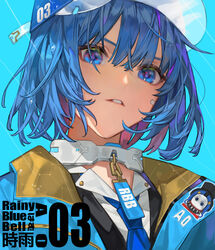  bad_id bad_pixiv_id baseball_cap black_jacket blue_background blue_coat blue_eyes blue_hair blue_hat blue_necktie blue_theme bob_cut chyoel clothes_writing coat collar collared_shirt commentary copyright_name female hamko_(rbb) hat hexagon jacket looking_at_viewer looking_down necktie parted_lips photoshop_(medium) portrait rain rainybluebell shirt short_hair simple_background solo transparent water_drop wet wet_hair white_shirt 