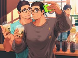  3boys absurdres aqua_shirt bara black-framed_eyewear blush cellphone commentary_request commission couple crow_(siranui) cup facial_hair glasses grey_shirt heart highres holding holding_cup holding_phone indoors kissing large_pectorals male_focus multiple_boys muscular muscular_male one_eye_closed original pectorals phone selfie shirt short_hair sideburns smartphone smile stubble upper_body yaoi 