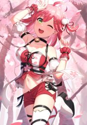  ;d ahoge arm_up bell black_choker black_ribbon blush boots breasts cat_hair_ornament cherry_blossoms choker cleavage collarbone detached_sleeves female floating_hair forest green_eyes hair_ornament highres hololive kurageso leg_ribbon long_hair medium_breasts midriff nail_polish nature navel neck_bell official_alternate_costume one_eye_closed pink_hair pink_nails red_ribbon red_shorts ribbon sakura_miko sakura_miko_(work) short_shorts short_sleeves shorts smile solo spring_(season) standing standing_on_one_leg stomach thigh_boots tree virtual_youtuber white_footwear white_sleeves zettai_ryouiki 