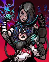  2girls apex_legends black_gloves black_hair blue_eyes blue_hair bodysuit breasts catalyst_(apex_legends) choke_hold english_commentary floating_hair gloves gradient_background hair_between_eyes hair_bun hair_over_one_eye head_tilt highres holding holding_knife hope&#039;s_dusk_(apex_legends) knife kunai looking_down looking_up medium_breasts multicolored_hair multiple_girls official_alternate_costume one_eye_closed one_eye_covered open_hand peter_chai quarantine_722_wraith single_hair_bun solid_eyes strangling streaked_hair weapon white_bodysuit white_eyes white_gloves wraith_(apex_legends) 