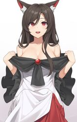  :d absurdres animal_ear_fluff animal_ears bare_shoulders black_hair breasts brooch cleavage collarbone commentary dress female gradient_background grey_background highres imaizumi_kagerou jewelry large_breasts long_hair long_sleeves looking_at_viewer off-shoulder_dress off_shoulder open_mouth red_eyes smile solo suiroh_(shideoukami) swept_bangs touhou white_background white_dress wide_sleeves wolf_ears 