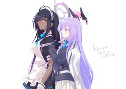  2girls ahoge apron black_dress black_hair blue_archive blue_bow blue_bowtie blue_necktie bow bowtie breasts closed_mouth dark-skinned_female dark_skin dress from_side gloves halo headgear highres holding jacket jacket_on_shoulders karin_(blue_archive) kyuuri_(miyako) large_breasts long_hair long_sleeves maid_headdress multiple_girls necktie pleated_skirt profile purple_eyes purple_hair ribbon simple_background skirt smile translation_request utaha_(blue_archive) very_long_hair white_apron white_background white_gloves white_jacket white_skirt wrench yellow_eyes 