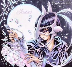  1boy animal_skull black_hair full_moon herohero highres holding holding_weapon judas_(tales) male_focus marker_(medium) mask moon open_mouth purple_eyes short_hair sign signature skull_on_head solo sword tales_of_(series) tales_of_destiny_2 traditional_media twitter_username weapon 