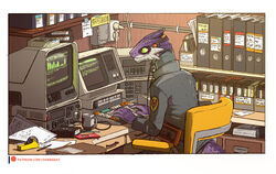  1970s 2021 anthro audio_cassette cassette_player cassette_tape chair clothing colored computer darbaras digital_media_(artwork) electronics furniture headphones keyboard lizard looking_at_computer looking_at_object male malo_(darbaras) paper pencil_(object) purple_body purple_scales reptile ring_binder scales scalie shelf sitting solo table text typing url working 