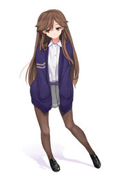  ajino_(sakanahen) arashio_(kancolle) bad_id bad_pixiv_id brown_eyes brown_hair brown_pantyhose cardigan commentary_request female hands_in_pockets highres kantai_collection loafers long_hair pantyhose school_uniform shadow shirt shoes skirt solo 