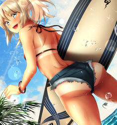  ass bikini bikini_tan bikini_top_only blonde_hair blush braid commentary_request denim denim_shorts dutch_angle fate/apocrypha fate/grand_order fate_(series) female green_eyes half_up_braid hatori_mia highres holding holding_surfboard long_hair mordred_(fate) mordred_(swimsuit_rider)_(fate) mordred_(swimsuit_rider)_(first_ascension)_(fate) outdoors ponytail prydwen_(fate) red_bikini short_shorts shorts solo surfboard swimsuit tan tanlines water 