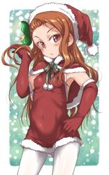  armpits brown_hair detached_sleeves female hat idolmaster idolmaster_(classic) long_hair minase_iori pantyhose red_eyes santa_costume santa_hat snowing solo ttomm white_pantyhose 