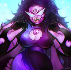  \m/ bad_deviantart_id bad_id breasts chromatic_aberration cleavage cleavage_cutout clothing_cutout colored_skin extra_arms fangs female gem kamina_shades large_breasts looking_at_viewer purple_hair purple_skin solo steven_universe sugilite_(steven_universe) sunglasses third_eye tongue tongue_out triangular_eyewear upper_body viorie 