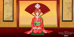  alternate_costume artist_name bangs blush character_name commentary dated female fire_emblem fire_emblem_if flower hair_between_eyes hair_flower hair_ornament happy_birthday hinoka_(fire_emblem_if) japanese_clothes kimono looking_at_viewer obi patricia red_eyes red_hair sash short_hair sitting smile solo wariza watermark web_address 