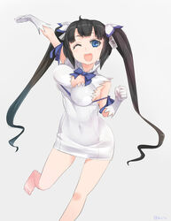  ajino_(sakanahen) arm_ribbon arm_up bad_id bad_pixiv_id bare_shoulders barefoot black_hair blue_eyes blue_ribbon blush blush_stickers bow bowtie breasts cleavage cleavage_cutout clenched_hand clothing_cutout commentary_request covered_navel dress dungeon_ni_deai_wo_motomeru_no_wa_machigatteiru_darou_ka elbow_gloves female gloves grey_background hair_ornament hair_ribbon hestia_(danmachi) large_breasts leg_up long_hair looking_at_viewer one_eye_closed open_mouth rei_no_himo ribbon short_dress simple_background sleeveless sleeveless_dress smile solo twintails white_dress white_gloves 