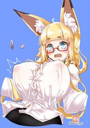  ahoge amino_dopple animal_ear_fluff animal_ears bad_id bad_pixiv_id black_skirt blonde_hair blue_background blue_eyes blunt_bangs blush breasts buttons commentary_request embarrassed fangs female flying_button fox_ears glasses highres honami_mikura_(amino_dopple) huge_breasts long_hair long_sleeves looking_at_viewer open_mouth original popped_button red-framed_eyewear semi-rimless_eyewear shirt short_eyebrows signature simple_background skirt solo twitter_username under-rim_eyewear white_shirt 