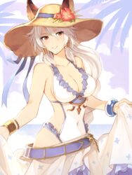  animal_ears bad_id bad_twitter_id bracelet bracer braid breasts brown_eyes cleavage cloud collarbone covered_navel ears_through_headwear erune female flower granblue_fantasy grin hair_between_eyes hair_tubes hat hat_flower heles heles_(summer)_(granblue_fantasy) hibiscus jewelry long_hair manaka_(gunjooou) medium_breasts official_alternate_costume one-piece_swimsuit palm_tree parted_lips single_braid smile solo sun_hat swimsuit tree very_long_hair white_hair white_one-piece_swimsuit 