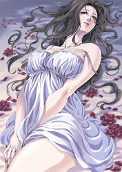  bare_arms bare_shoulders between_legs black_eyes black_hair blush breasts commentary_request dress female flower fujino_yuuki graphite_(medium) hand_between_legs highres large_breasts lipstick lying makeup mature_female on_back original parted_lips petals photoshop_(medium) rose rose_petals solo strap_slip traditional_media white_dress 