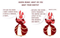  2018 anthro averyshadydolphin big_breasts breasts bunny_(averyshadydolphin) cleavage closed_eyes clothed clothing crown english_text female fur headgear hi_res lagomorph leporid mammal open_mouth pink_body pink_fur queen rabbit royalty simple_background solo speech_bubble text thick_thighs white_background wide_hips 