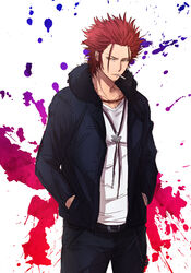  1boy cc_(5589422) cigarette collarbone commentary_request fur_collar fur_trim hands_in_pockets jacket jewelry k-project male_focus necklace partial_commentary red_eyes red_hair shirt solo suoh_mikoto v-neck white_shirt 