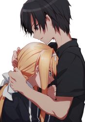  1boy alice_zuberg bad_id bad_pixiv_id black_eyes black_hair black_shirt blonde_hair blue_eyes bow female hair_between_eyes hair_ribbon hands_up highres hug kirito long_hair ribbon shirt short_hair short_sleeves simple_background sword_art_online sword_art_online:_alicization upper_body white_background white_bow white_ribbon yoru_kiri 