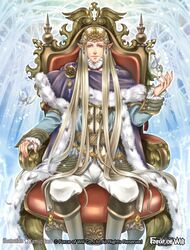  1boy blonde_hair boots bug butterfly cape commentary_request copyright_name faerur_letoliel_(force_of_will) force_of_will fur_trim kamijororo long_hair looking_at_viewer male_focus official_art pointy_ears purple_eyes sitting solo sparkle throne tiara tree 