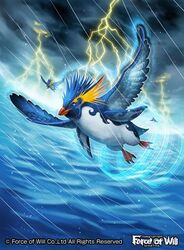  animal_focus bird blue_eyes cloud cloudy_sky commentary_request copyright_name electricity force_of_will no_humans official_art rain sky tsutsui_misa water 