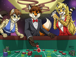  2018 4:3 5_fingers alric_kyznetsov amber_eyes anthro big_breasts biped black_nose black_tie_(suit) blonde_hair bow_(feature) bow_tie bracelet breasts canid canine casino cheetah chest_tuft cleavage clothed clothing craps curvy_figure d6 dice digital_drawing_(artwork) digital_media_(artwork) dress english_text evening_gown eyebrows eyelashes felid feline female fingers fox fur gambling gaming gem group hair heresy_(artist) hi_res hybrid jewelry kora_brandis long_hair male male/female mammal markings mihari multicolored_body multicolored_fur necklace open_mouth orange_body orange_fur pantherine pearl_(gem) poker_chip red_fox side_boob sideless_clothing sideless_dress skimpy smile snow_leopard spots spotted_body spotted_fur standing suit teeth text throwing tongue true_fox tuft two_tone_body two_tone_fur voluptuous white_body white_fur yellow_body yellow_fur 