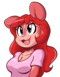  anaugi anthro blue_eyes breasts cleavage clothed clothing ditzy eyebrows eyelashes female fur hair half-length_portrait hi_res jam_(miu) long_hair mammal open_mouth pink_body pink_fur pink_nose portrait red_body red_fur red_hair rodent sciurid simple_background smile solo tree_squirrel white_background 