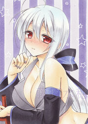  ahoge bad_id bad_pixiv_id bare_shoulders black_sleeves blush bottle bow breasts cleavage collarbone commentary_request crop_top cropped_shirt detached_sleeves embarrassed female fujiwara_minaho grey_shirt hair_between_eyes hairbow holding holding_bottle large_breasts long_hair long_sleeves looking_at_viewer marker_(medium) midriff nail_polish no_necktie no_neckwear no_tattoo photoshop_(medium) purple_nails red_eyes shirt solo stomach striped striped_background striped_bow traditional_media upper_body very_long_hair vocaloid watermark white_hair yowane_haku 