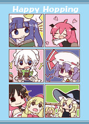  6+girls :d :o ^^^ ^_^ ahoge alternate_eye_color anger_vein bad_id bad_pixiv_id bamboo_broom bat_wings black_dress blonde_hair blue_background blue_dress blue_eyes blush book bow braid brooch broom brown_eyes brown_hair chibi clenched_teeth closed_eyes commentary_request crescent crescent_hat_ornament crescent_pin cup detached_sleeves dress drinking_straw english_text flandre_scarlet frills green_background hair_ribbon hair_tubes hakurei_reimu hat hat_bow hat_ornament head_wings heart holding holding_book hong_meiling horns ibuki_suika izayoi_sakuya jewelry kasuga_yuuki kirisame_marisa koakuma long_hair long_sleeves looking_at_another looking_at_viewer looking_to_the_side maid maid_headdress mob_cap multiple_girls o_o oerba_yun_fang open_book open_mouth outline patchouli_knowledge pink_background puff_of_air purple_eyes purple_hair red_hair remilia_scarlet ribbon ringed_eyes shirt side_ponytail simple_background skirt smile sparkle teeth touhou tray tress_ribbon twin_braids v-shaped_eyebrows vest white_shirt wings witch_hat yellow_background 