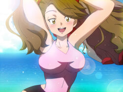  breasts brown_eyes brown_hair commentary_request female gundam gundam_build_fighters gundam_build_fighters_try looking_at_viewer sazaki_kaoruko solo swimsuit twintails y@mato 