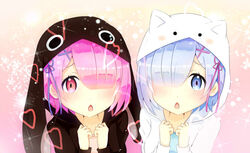  2girls animal_hood blue_eyes blue_hair blush chestnut_mouth commentary_request cosplay gochuumon_wa_usagi_desu_ka? hair_ornament hair_over_one_eye hairclip hood hood_up kafuu_chino kafuu_chino_(cosplay) looking_at_viewer minase_inori multiple_girls murakawa_rie natsu_megumi natsu_megumi_(cosplay) parody pink_eyes pink_hair rabbit_hood ram_(re:zero) re:zero_kara_hajimeru_isekai_seikatsu rem_(re:zero) shakurea_gou short_hair siblings sisters tokimeki_poporon twins voice_actor_connection x_hair_ornament 