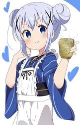  :&gt; alternate_costume ama_usa_an_uniform apron arms_up blue_eyes blue_hair commentary_request cup double_bun female gochuumon_wa_usagi_desu_ka? hair_bun hair_ornament heart highres holding japanese_clothes kafuu_chino looking_at_viewer maid riyo_(aokiwazumi) short_hair simple_background solo teacup wa_maid x_hair_ornament yunomi 