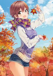  :d ahoge arm_up autumn autumn_leaves blue_sky blurry blurry_background blush brown_eyes brown_hair cloud cowboy_shot day denim denim_shorts depth_of_field female from_side futaba_tae hair_between_eyes highres holding holding_leaf leaf long_sleeves looking_at_viewer looking_to_the_side masamune-kun_no_revenge multicolored_clothes multicolored_scarf open_mouth outdoors print_scarf print_sweater scan scarf short_hair short_shorts shorts sky sleeves_past_wrists smile solo sweater thighs tiv tree 