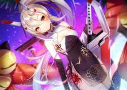  amahara_pekozaemon ayanami_(azur_lane) ayanami_(lunar_demon)_(azur_lane) azur_lane bare_shoulders blush breasts brown_dress brown_eyes brown_gloves china_dress chinese_clothes cleavage cleavage_cutout closed_mouth clothing_cutout commentary_request detached_sleeves dress dutch_angle elbow_gloves female fingerless_gloves gloves hair_between_eyes hair_ornament hair_ribbon hairclip head_tilt headgear holding holding_sword holding_weapon light_brown_hair long_hair long_sleeves looking_at_viewer medium_breasts official_alternate_costume ponytail protected_link red_ribbon ribbon sidelocks single_detached_sleeve sleeveless sleeveless_dress solo sword thighhighs torii very_long_hair weapon white_sleeves white_thighhighs wide_sleeves 