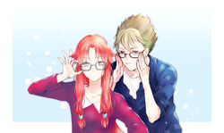  1boy adjusting_eyewear alternate_costume blouse blue_background commentary_request dyed_bangs earrings eiyuu_densetsu female frown glasses green_hair grin jewelry kevin_graham long_hair looking_at_viewer parted_bangs red_hair ries_argent shirt short_hair sidelocks smile soap_(user_kghh4755) sora_no_kiseki spiked_hair upper_body 