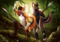  2018 anthro black_nose canid canine canis chibity detailed_background domestic_dog duo featureless_crotch forest fox fray_the_fox fur german_shepherd green_eyes herding_dog jungle male mammal melee_weapon multicolored_body multicolored_ears multicolored_fur nude pastoral_dog plant polearm rainbow_ears ritter_(krazykit) roots smile spear tree weapon 