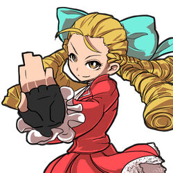  antenna_hair blonde_hair bow brown_eyes commentary_request drill_hair female fighting_stance fingerless_gloves gloves hair_pulled_back hairbow kanzuki_karin legs long_hair looking_at_viewer mr_kunimitsu photoshop_(medium) ringlets school_uniform serafuku skirt solo street_fighter street_fighter_v white_background 