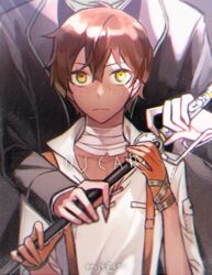  2boys bad_id bad_twitter_id bandages brown_hair cane character_name ecru freckles green_eyes holding holding_cane male_focus multiple_boys oscar_pine professor_ozpin rwby spoilers suspenders twitter_username 