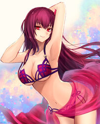  arms_behind_head arms_up bad_id bad_pixiv_id bikini breasts fate/grand_order fate_(series) female highres large_breasts leaning_forward long_hair midriff navel purple_hair red_eyes sarong scathach_(fate) scathach_(swimsuit_assassin)_(fate) smile solo swimsuit underboob yukihama 