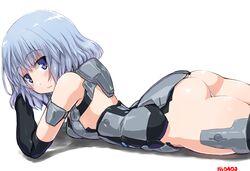  :3 ass bad_id bad_pixiv_id bare_shoulders black_gloves black_thighhighs blue_hair dd_(ijigendd) doll_joints elbow_gloves eyebrows female frame_arms_girl gloves joints looking_at_viewer lying materia_(frame_arms_girl) materia_kuro mecha_musume numbered on_stomach panties purple_eyes short_hair simple_background smile solo thighhighs underwear white_background white_panties 