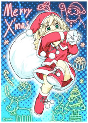  beard bearded_girl blonde_hair christmas dowa_unlimited dwarf facial_hair female fur_trim gloves green_eyes hat long_hair merry_christmas moustache photoshop_(medium) red_gloves sack santa_costume santa_hat shun_(rokudena-shi) solo species_domain 