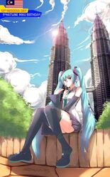  aqua_eyes aqua_hair building cloud day english_text female hatsune_miku long_hair malaysia malaysian_flag petronas_twin_towers sitting sky skyscraper solo twintails vocaloid z666ful 