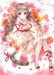  animal_ears b_rock bad_id bad_pixiv_id bridal_garter brown_hair cat_ears cat_tail commentary commission dress english_commentary female floating floral_background flower full_body grey_dress grey_eyes hands_up long_hair looking_at_viewer orange_flower orange_rose original parted_lips pink_flower pink_rose purple_flower red_footwear rose sandals short_dress sleeveless sleeveless_dress solo striped_tail tail twintails white_flower yellow_flower yellow_rose 