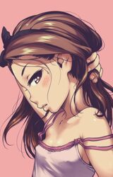  arm_up blush brown_hair commentary_request female idolmaster idolmaster_(classic) lips long_hair minase_iori parted_lips simple_background solo strap_slip ttomm 