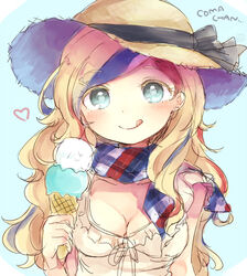  bad_id bad_pixiv_id blonde_hair blue_background blue_eyes blue_hair breasts cleavage commandant_teste_(kancolle) female food hat ice_cream iipoyo_(364poyo) kantai_collection long_hair looking_at_viewer medium_breasts multicolored_clothes multicolored_hair multicolored_scarf red_hair scarf simple_background solo straw_hat streaked_hair sun_hat tongue tongue_out upper_body white_hair 