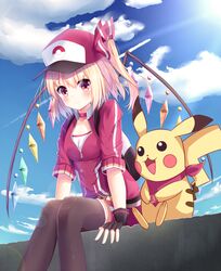  :3 backpack bag baseball_cap black_gloves black_pantyhose blonde_hair blue_sky blush breasts choker closed_mouth cloud commentary_request contrail cosplay crossover crystal cube day eyebrows female female_protagonist_(pokemon_go) female_protagonist_(pokemon_go)_(cosplay) fingerless_gloves flandre_scarlet food gloves hair_ribbon hat holding holding_food lens_flare looking_at_viewer one_side_up pantyhose partial_commentary pikachu poke_ball_print pokemon pokemon_(creature) pokemon_go red_eyes ribbon shiero. short_hair sitting sky small_breasts smile touhou wings zipper 