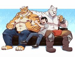  2018 4:3 4_toes abs anthro biceps bottomwear claws clothed clothing countershading digital_media_(artwork) eating eclipticafusion feet felid footwear fur grimoire_of_zero group hair human lin_hu male mammal mercenary_(grimoire_of_zero) muscular muscular_male nekojishi nipples pantherine pants pecs shoes stripes studio_klondike tiger toes topless white_body white_fur 