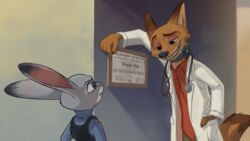  2017 absurd_res anthro armor canid canine clothed clothing coat collar control_collar diploma disney doctor duo english_text female fox fur green_eyes grey_body grey_fur hi_res judy_hopps lab_coat lagomorph leporid looking_up male mammal medical_instrument nick_wilde pink_nose police police_uniform purple_eyes rabbit red_body red_fox red_fur scientific_instrument shock_collar smile stethoscope tame_collar text the_giant_hamster topwear true_fox uniform veterinarian zistopia zootopia 