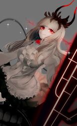  absurdres abyssal_ship black_skirt blunt_bangs blurry colored_skin commentary_request depth_of_field female flower frilled_skirt frills glowing glowing_eyes grey_background grin highres horns ijen_(ljenejl) kantai_collection long_hair long_sleeves lycoris_princess miniskirt oerba_yun_fang puffy_long_sleeves puffy_sleeves red_eyes red_flower red_rose rose shirt simple_background skirt smile solo sparkle white_hair white_shirt white_skin 