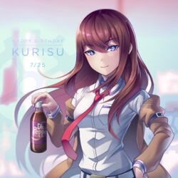  belt blue_eyes bottle brown_hair brown_jacket closed_mouth collared_shirt commentary dr_pepper dress_shirt drink english_commentary female hand_on_own_hip happy_birthday holding holding_bottle jacket kaijuicery long_hair makise_kurisu necktie red_necktie shirt smile soda soda_bottle solo steins;gate 