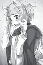  animal_ears ayakura_juu blush cape embarrassed female greyscale hood hood_down long_hair long_sleeves looking_down monochrome myuri_(spice_and_wolf) non-web_source novel_illustration official_art open_mouth ponytail shinsetsu_spice_and_wolf shirt sidelocks solo spice_and_wolf sweatdrop tail upper_body very_long_hair wolf_ears wolf_tail 